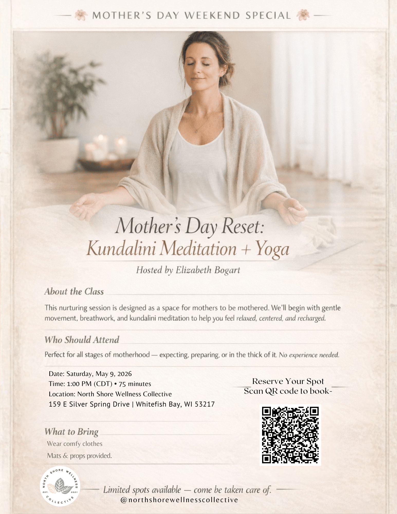 Mother’s Day Reset: Kundalini Meditation + Yoga at North Shore Wellness Collective (Whitefish Bay)