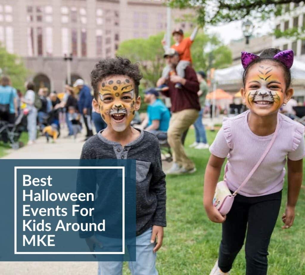 Two children with face paint smiling at Jack-O-Lantern Jubilee in Red Arrow Park, Milwaukee, surrounded by fall festival activities and families enjoying the event.