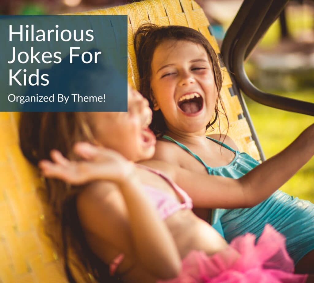 Two little girls look at each other laughing at jokes with text overlay "Hilarious Jokes For Kids"