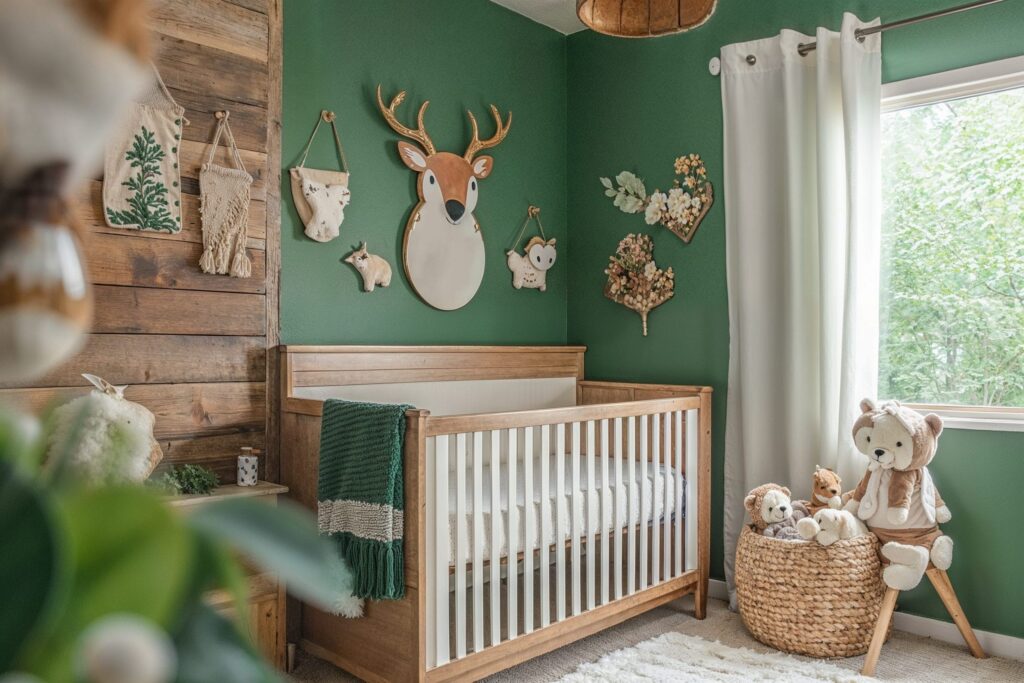 Woodland animal themed baby boy nursery with green accent wall, deer wall art, wood crib, and cozy layered textures – rustic nursery idea