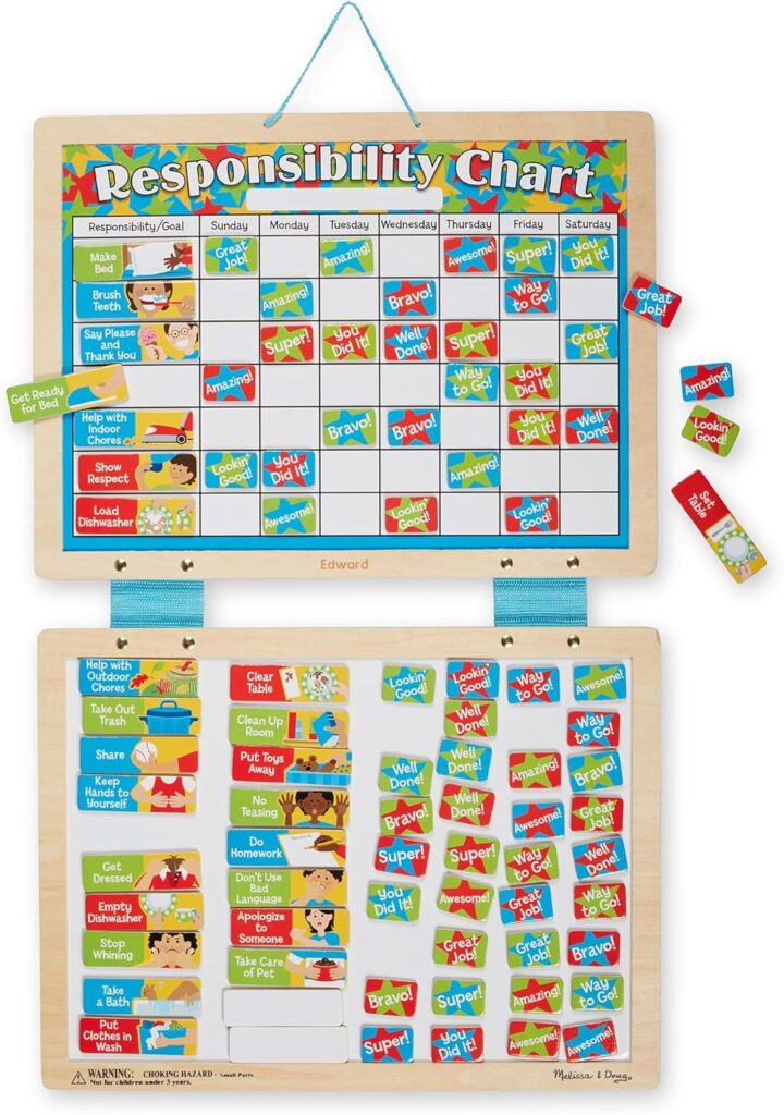 Melissa & Doug wooden magnetic responsibility chart with colorful magnets to track kids’ chores and rewards.