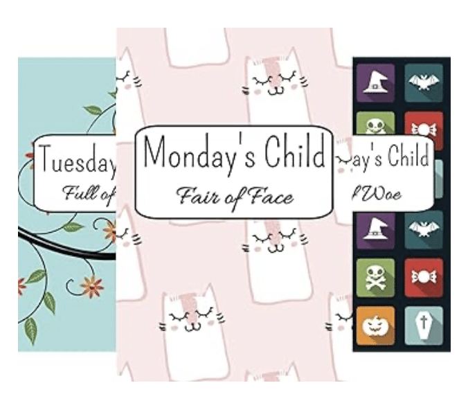 Covers of the “Day of the Week” notebook series, including Tuesday’s Child: Full of Grace, Monday’s Child: Fair of Face, and Wednesday’s Child: Full of Woe. Each book has a unique design inspired by the traditional nursery rhyme.