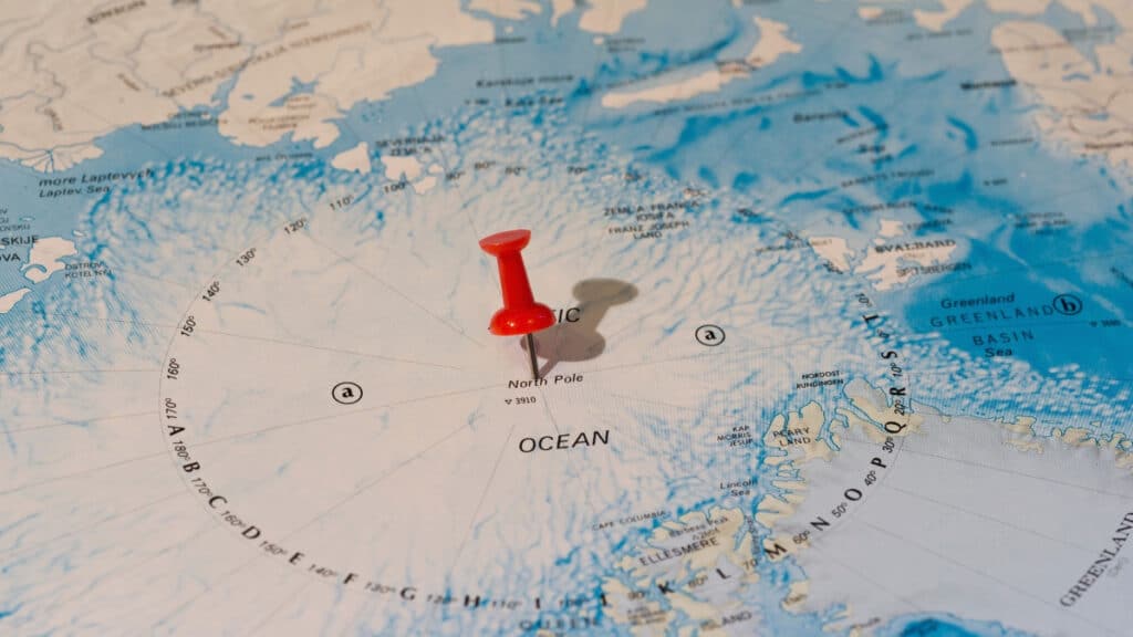 North Pole on the map with pushpin - North Pole trivia questions for kids