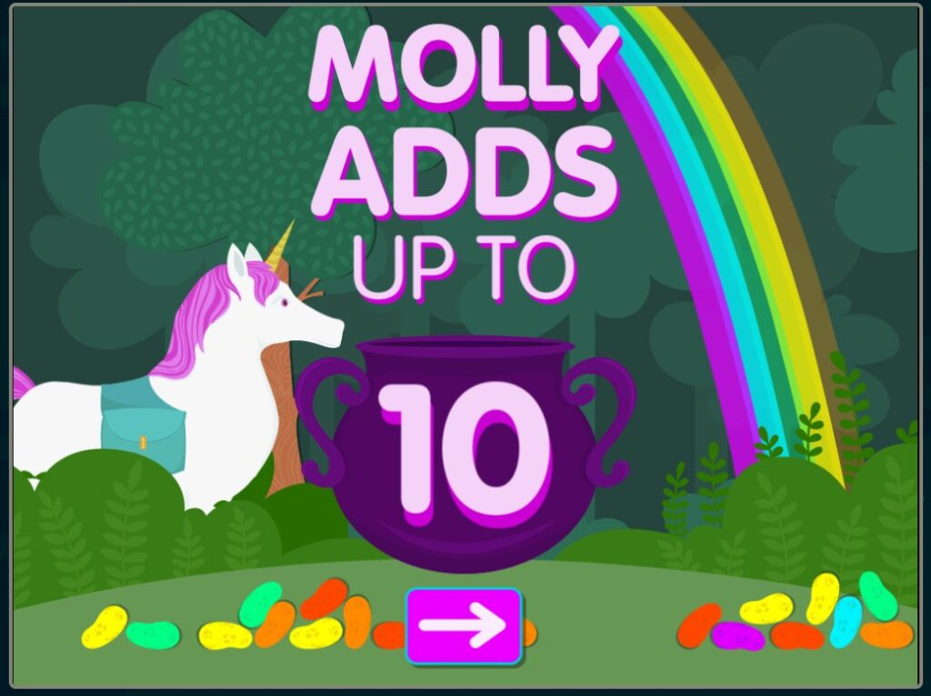 Forest background with white unicorn, trees, rainbow and purple pot