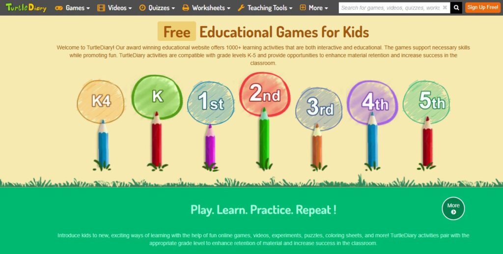 Turtle Diary homepage featuring colorful pencils and circles with numbers on a lawn