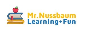 Mr Nussbaum logo with an apple on top of blue and yellow books 