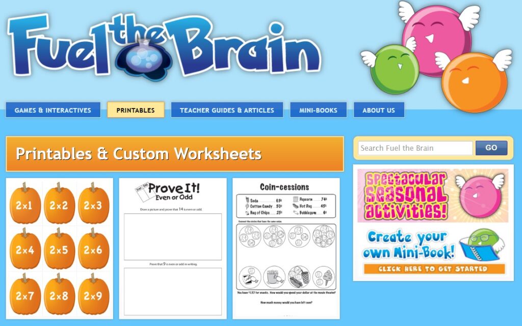 Image of homepage with three balloons with wings and snapshots printables and worksheets