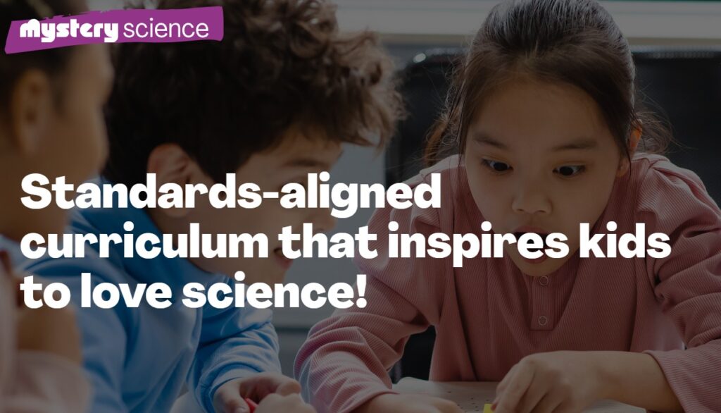 Three children doing anexperiement with the Mystery Science logo on the upper left corner