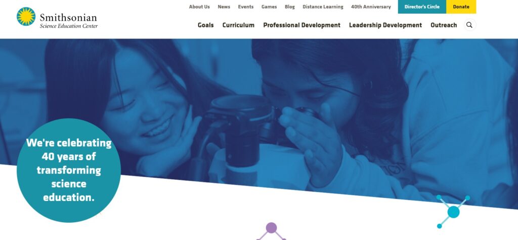 Smithsonia logo with two girl students looking into a microscope