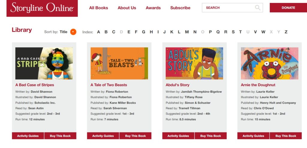 A screenshot of the Storyline Online homepage featuring 4 children's books