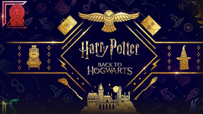 Image featuring elements from Harry Potter such as owl, sorting hat, train and Hogwarts