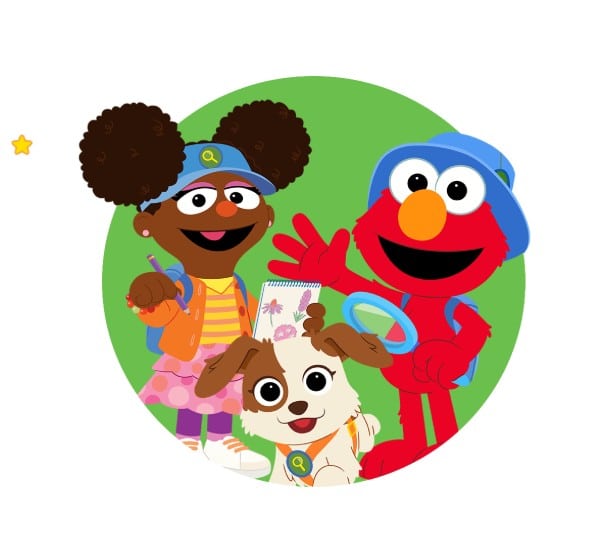 Image of Sesame Street characters Elmo, Gabrielle and pet dog