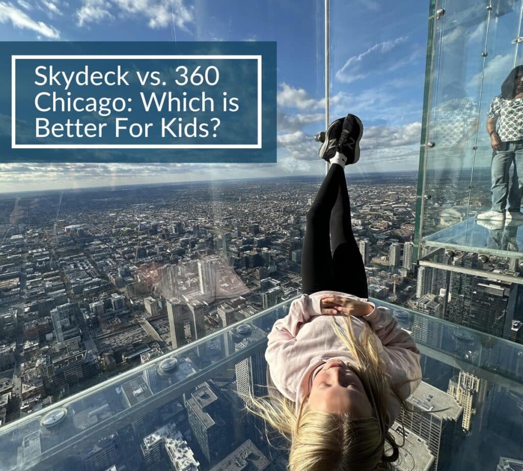 A child lies back on The Ledge at Skydeck Chicago, surrounded by clear glass walls and views of the city far below.
