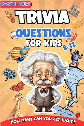 Book cover of "Trivia Questions for Kids" with an illustration caricature of Albert Einstein.