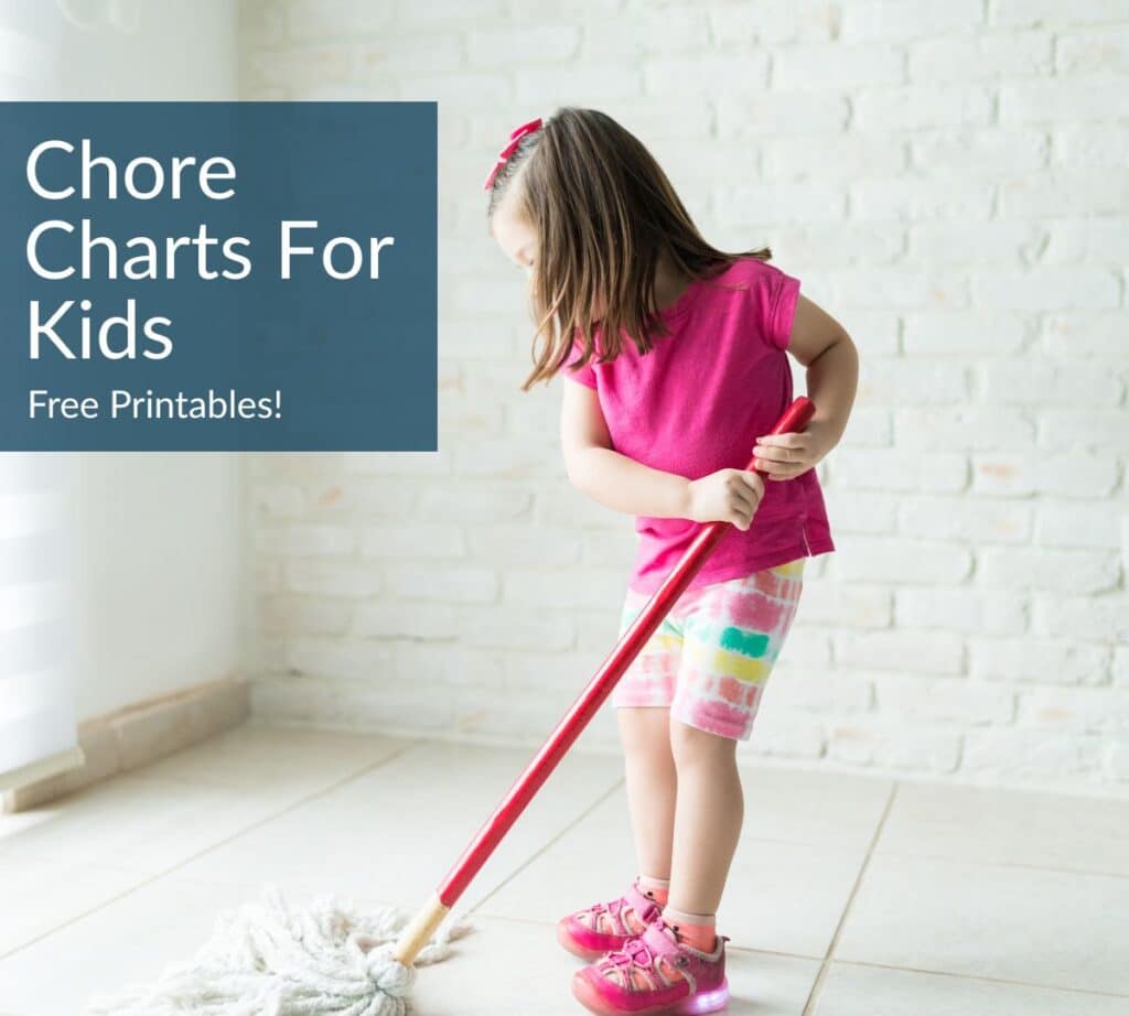 Young girl helping with chores by mopping the floor, illustrating the use of free printable chore charts for kids.