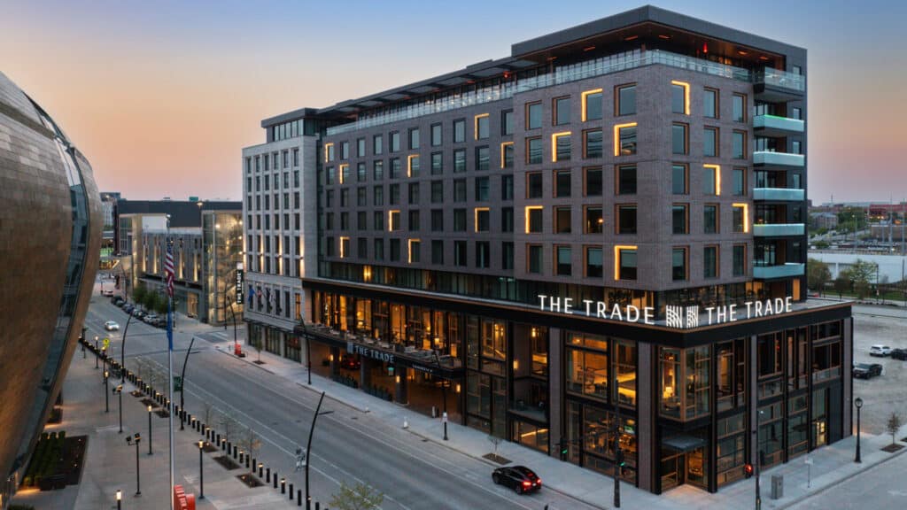 View of The Trade Hotel in Milwaukee Wisconsin across the street