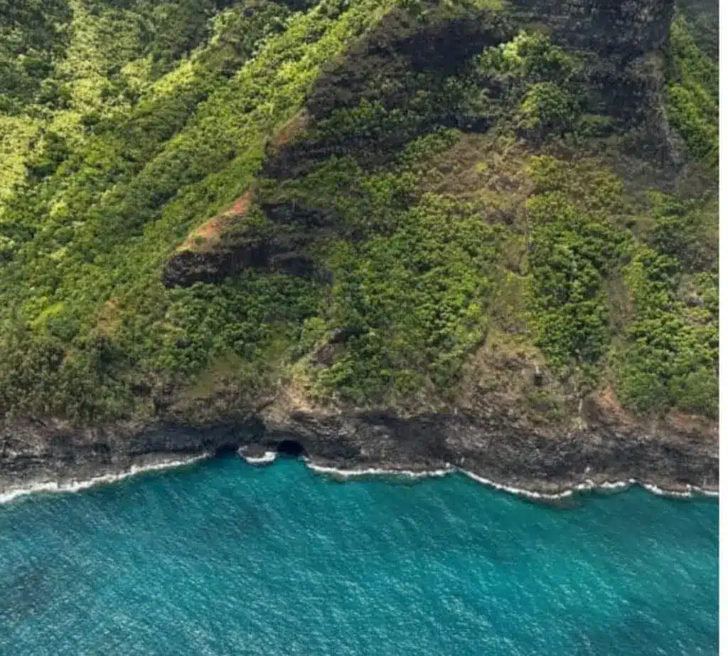 Aerial view of the Na Pali coastline with rock formations and trees
