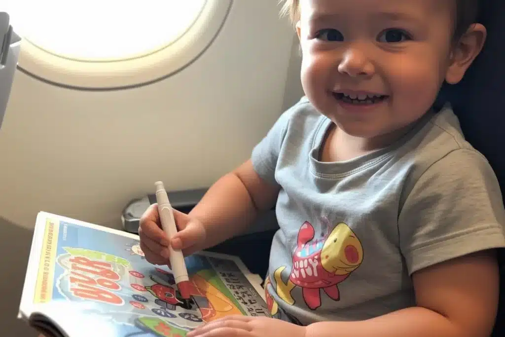 One-year-old using a Water Wow book on an airplane tray table.