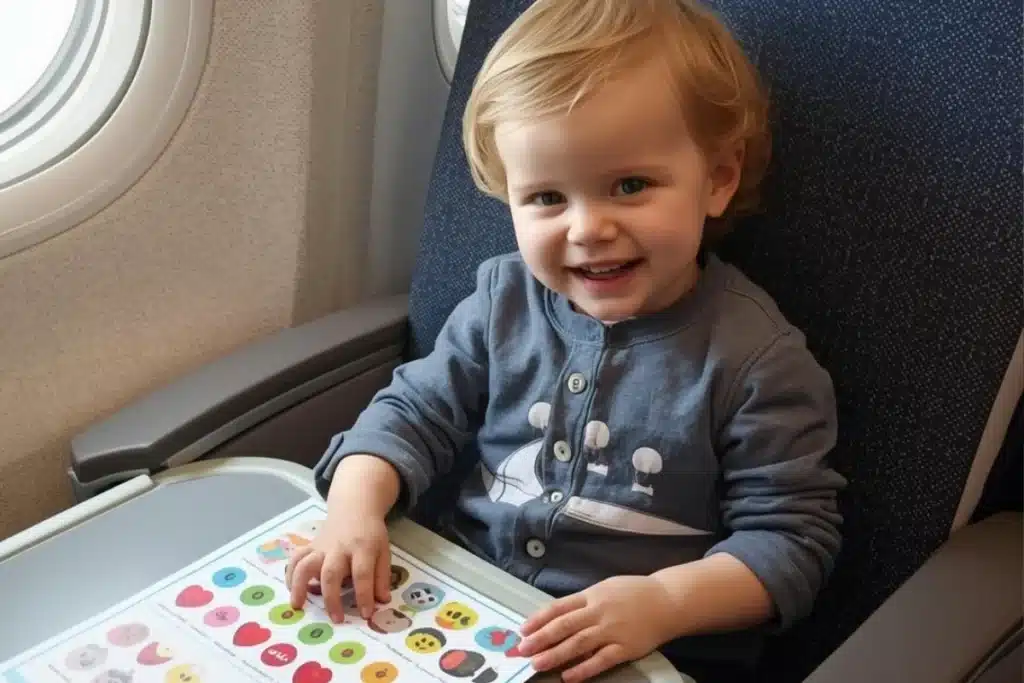Toddler using a reusable sticker book during a flight.