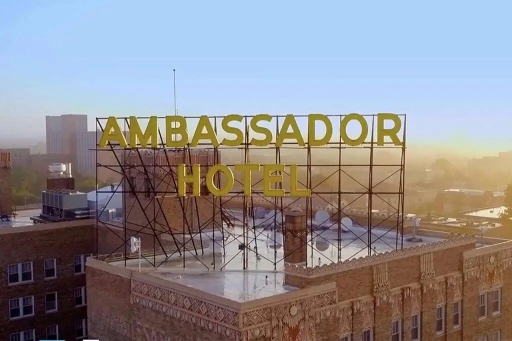 The iconic Ambassador Hotel rooftop sign stands proudly over Milwaukee’s historic West Side.