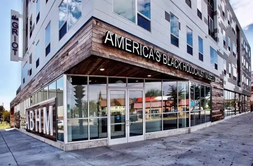 Glass windows and door of the America's Black Holocaust Museum in Bronzeville
