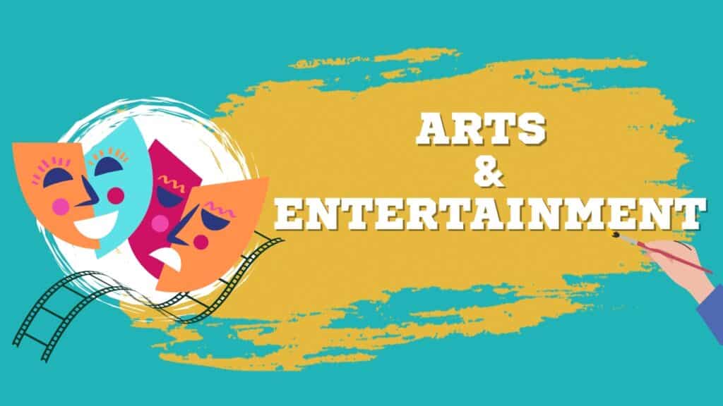 Film reel, theater masks and hand painting - arts and entertainment trivia for students