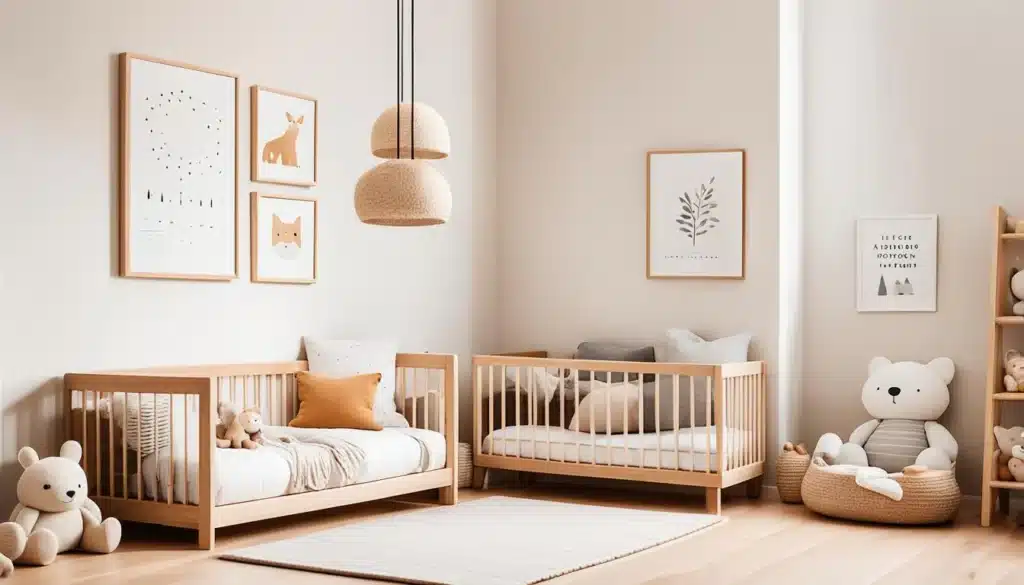 Minimalist baby girl nursery with soft pink bunny wallpaper, twin cribs, and natural light reflecting Japandi-inspired simplicity.