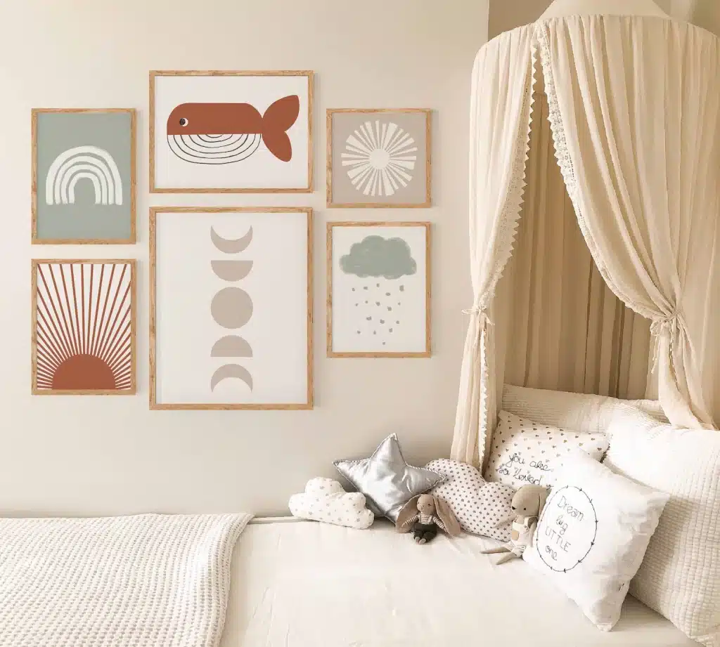Baby girl nursery with cream canopy, simple wall art showing nature elements and bed with linen sheets to show cozy Earth design.
