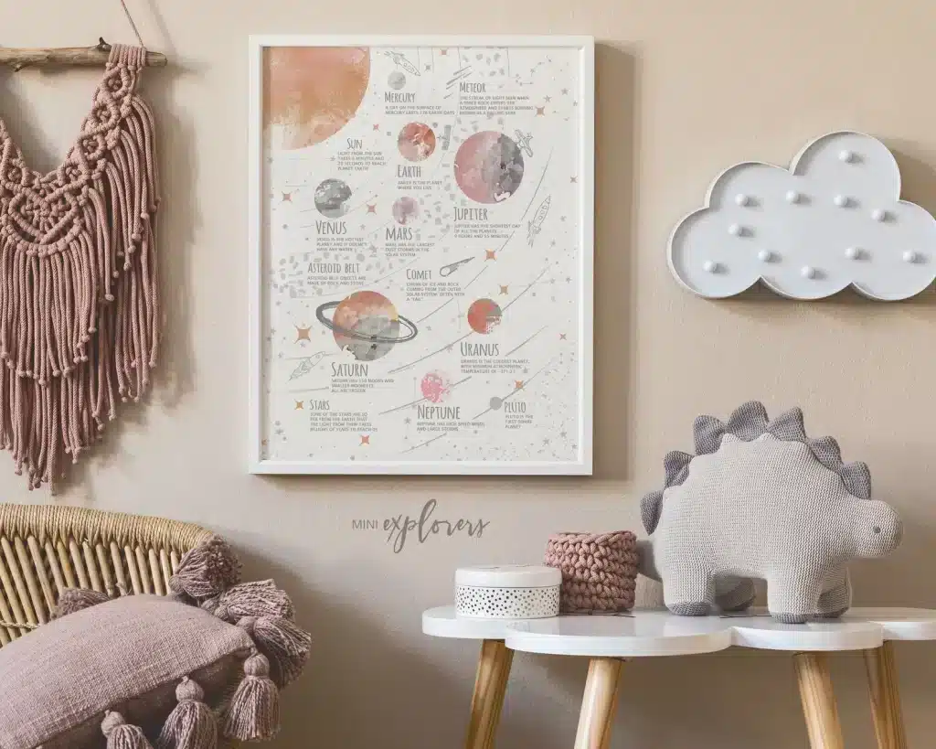 Baby girl nursery with plush dino, macrame wall decor and wall picture with different planets inspired by space theme design.