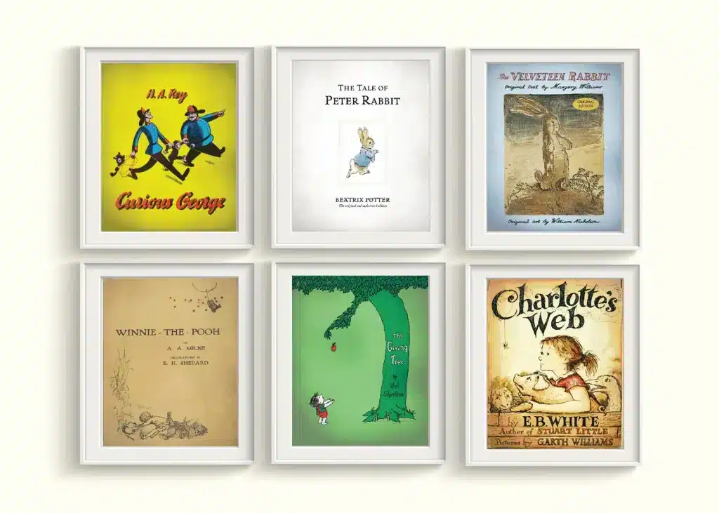 Baby girl nursery with framed illustrated prints from classic books, representing story-inspired theme.