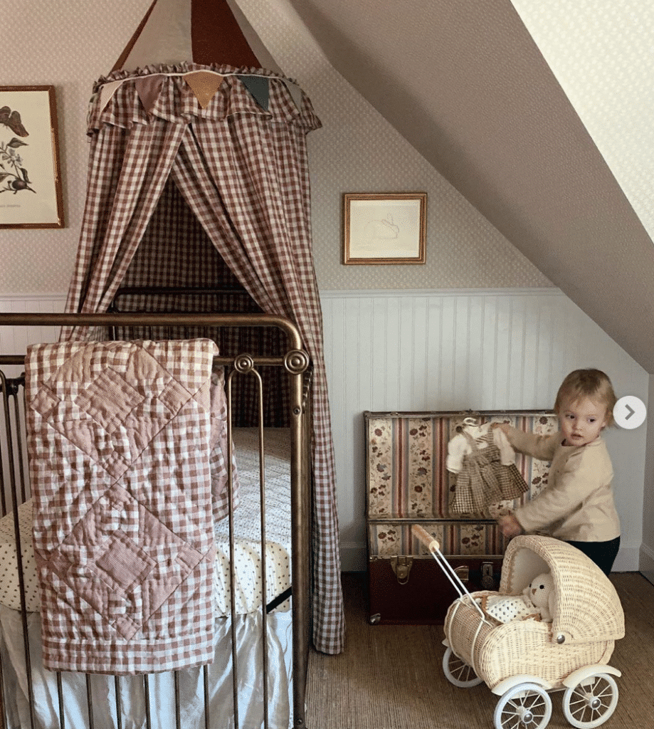 Baby girl nursery with gingham canopy on wrought iron beds, floral chest and muted beige walls with wainscoting inspired by vintage vibes