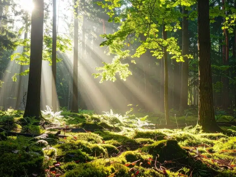 Beams of light shining through a forest canopy at dawn.