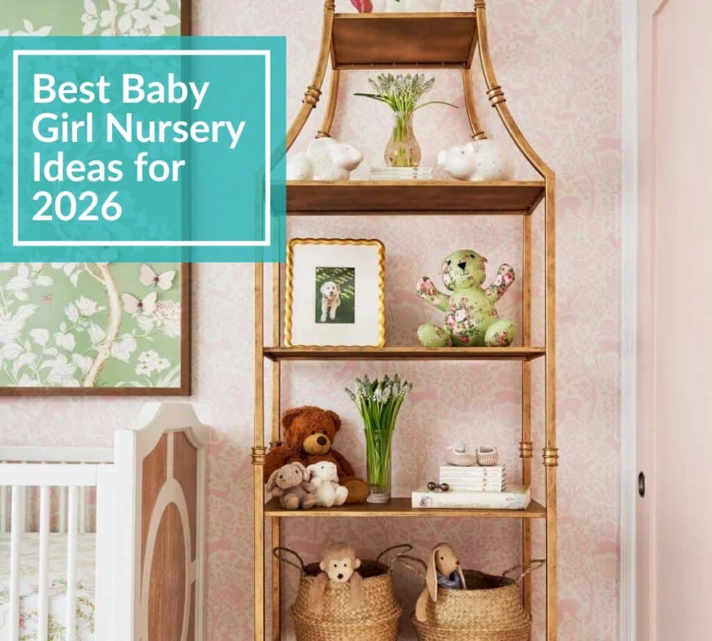 Baby girl nursery with floral wallpaper, vintage bookcase, and soft pink decor representing 2026 nursery design trends.