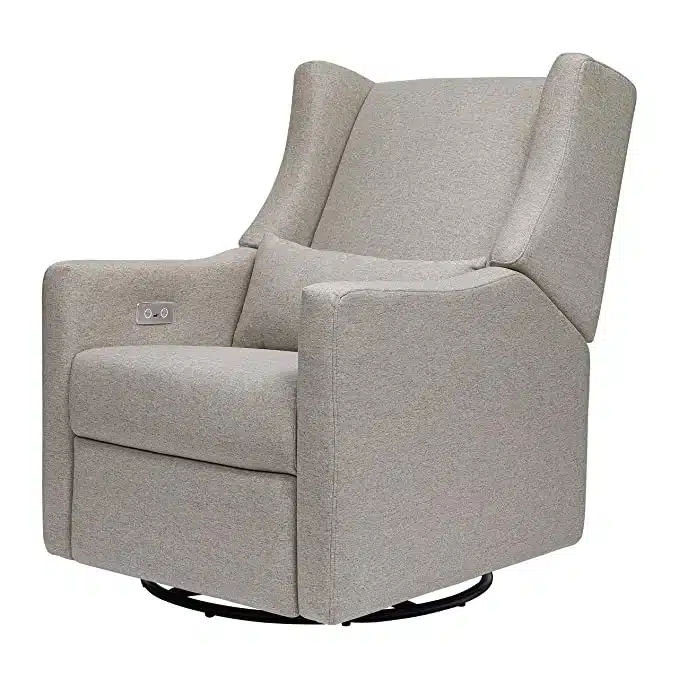 Gray Babyletto Kiwi power recliner with lumbar pillow