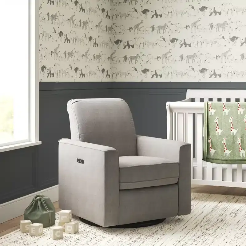 Reidy power reclining glider with white crib and grey sidewalls