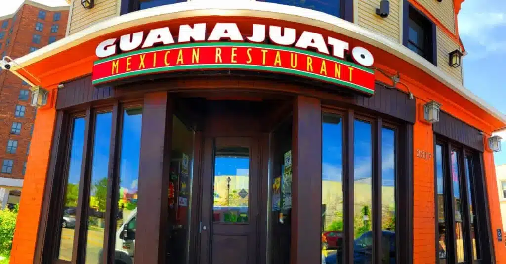 Guanajuato Mexican Restaurant storefront with bright signage in Bay View in Milwaukee.