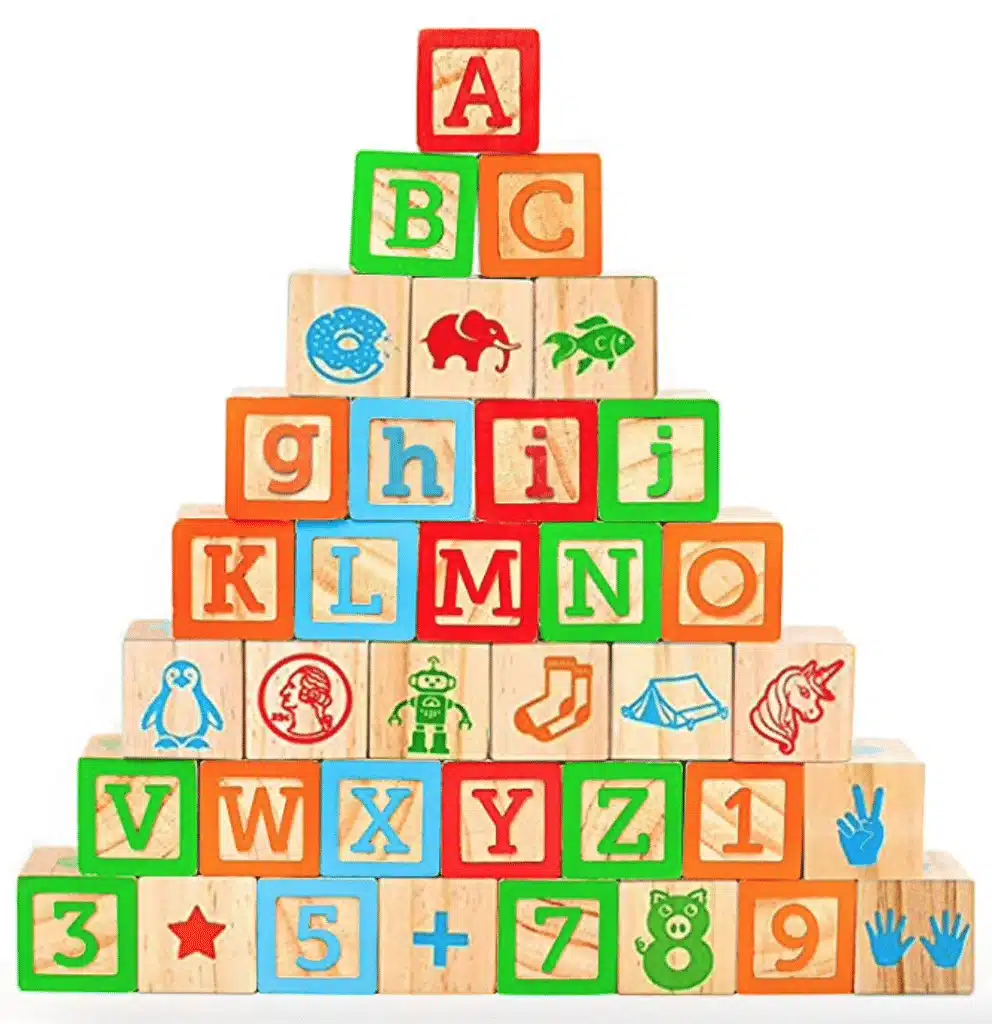 Melissa & Doug ABC blocks stacked into a pyramid