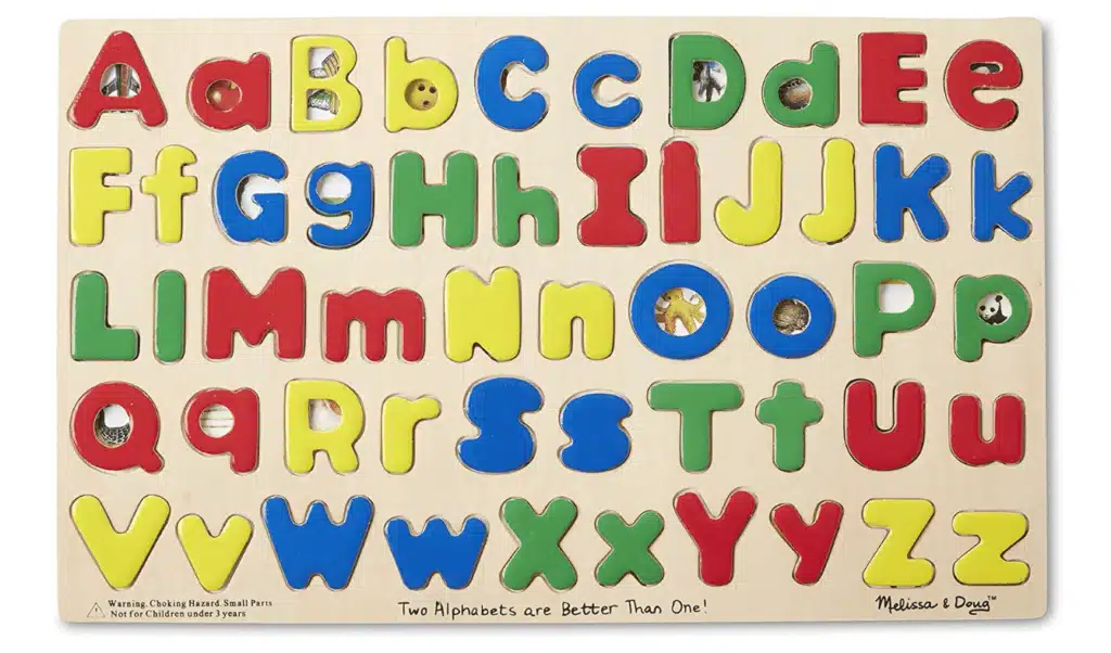 An alphabet puzzle with assorted colored letters