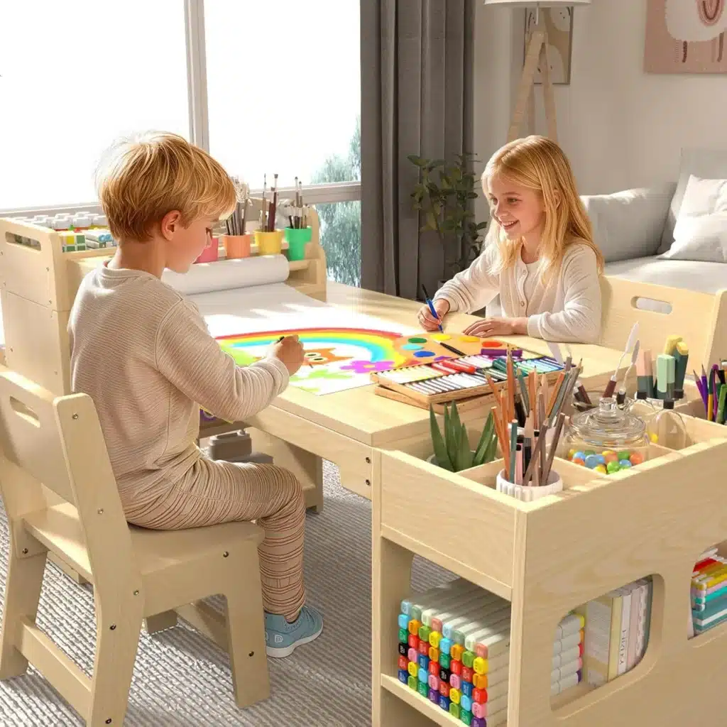 A boy and a girl painting a large drawing on a spacious table top with art materials