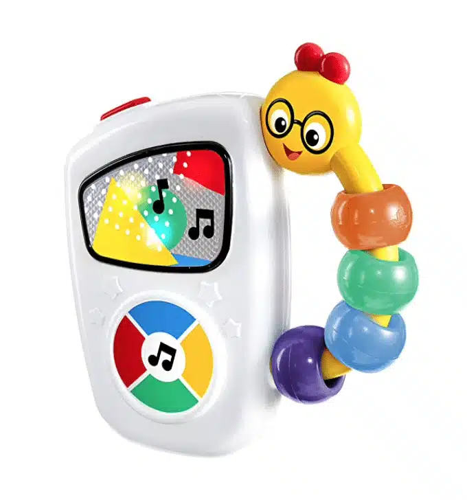 A muscal toy with a chicken head handle and colorful buttons for toddlers