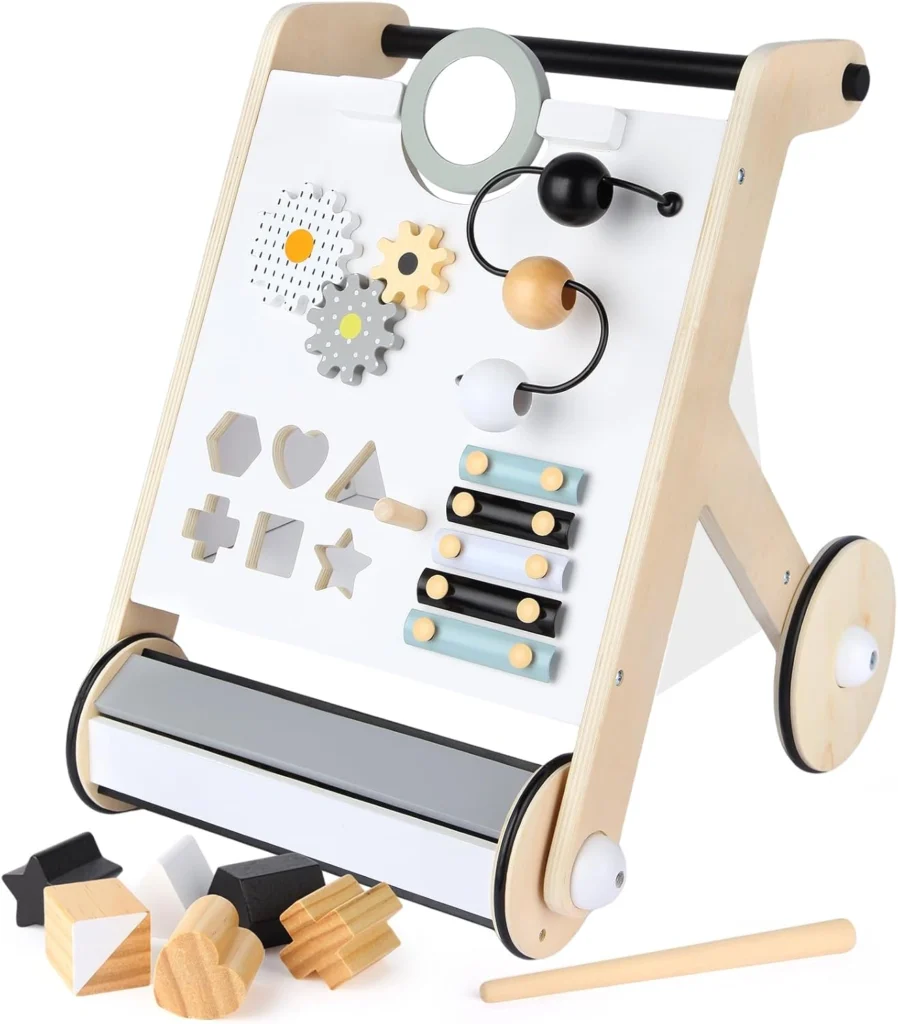 A wooden push walker with mirror, xylophone and shapes
