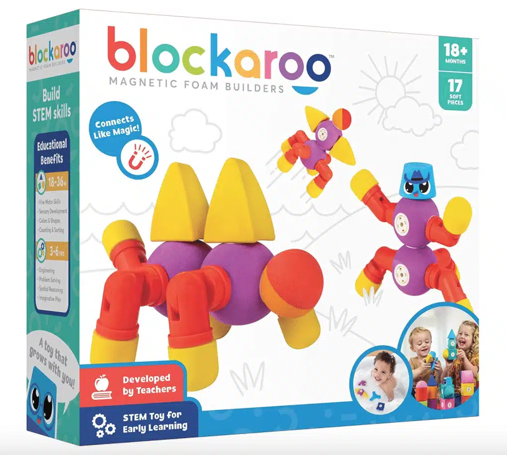 A box of multicolored Blockaroo magnetic foam builders