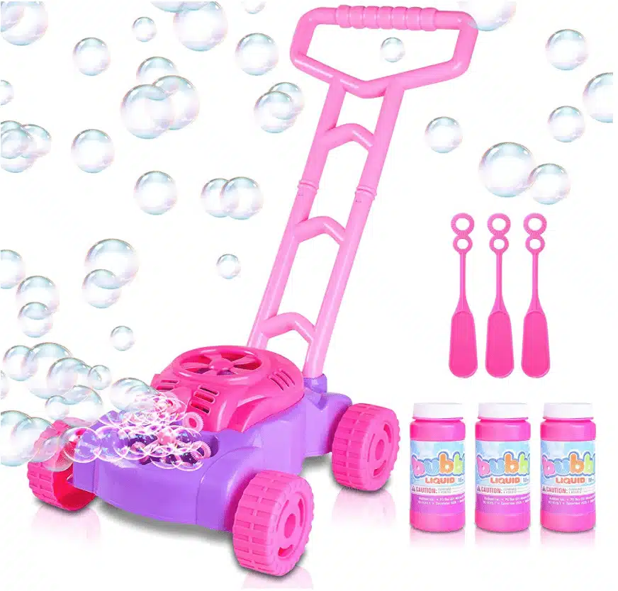 A pink push mower toy that blows bubbles  for 