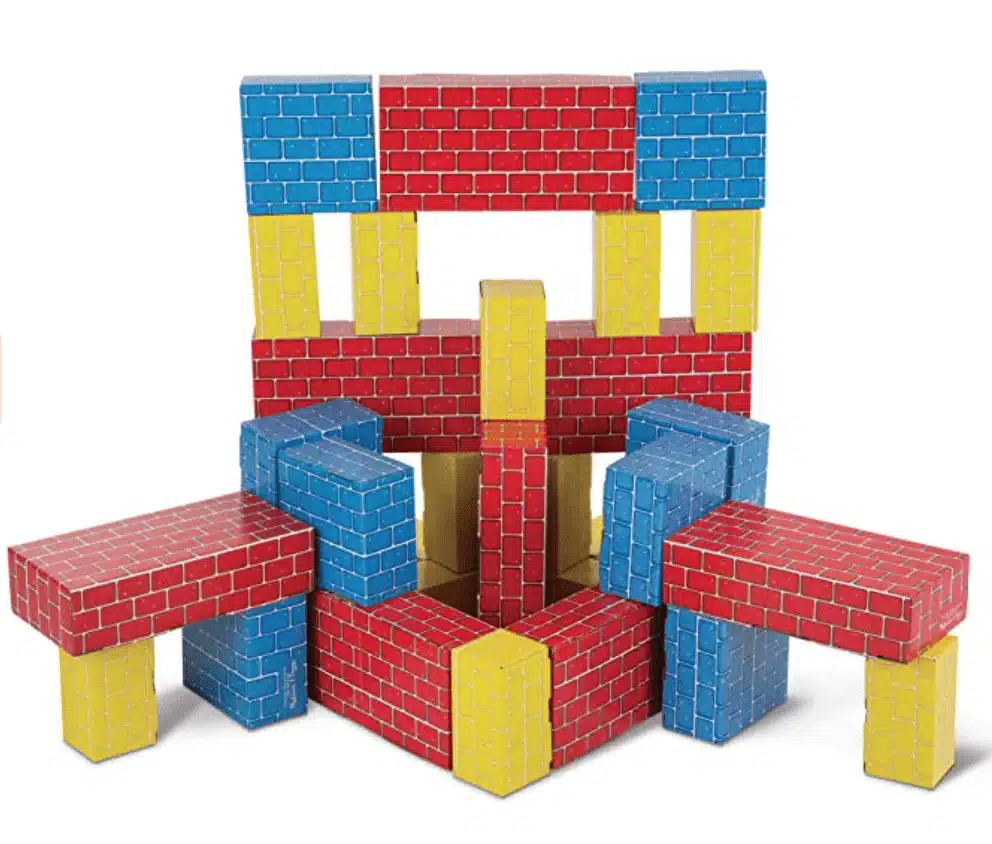 Red, blue and yellow carboard building blocks
