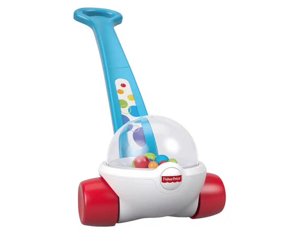 A Fisher-Price corn porrper with blue handle and red wheels
