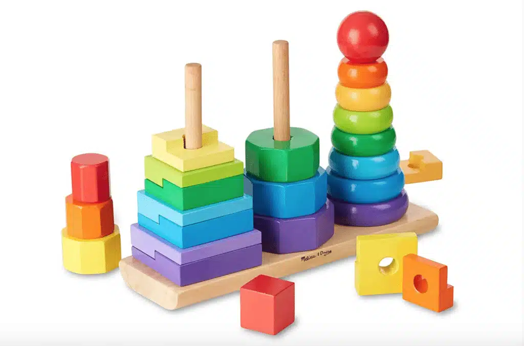 Three kinds of geometric stackers in different colors for toddlers