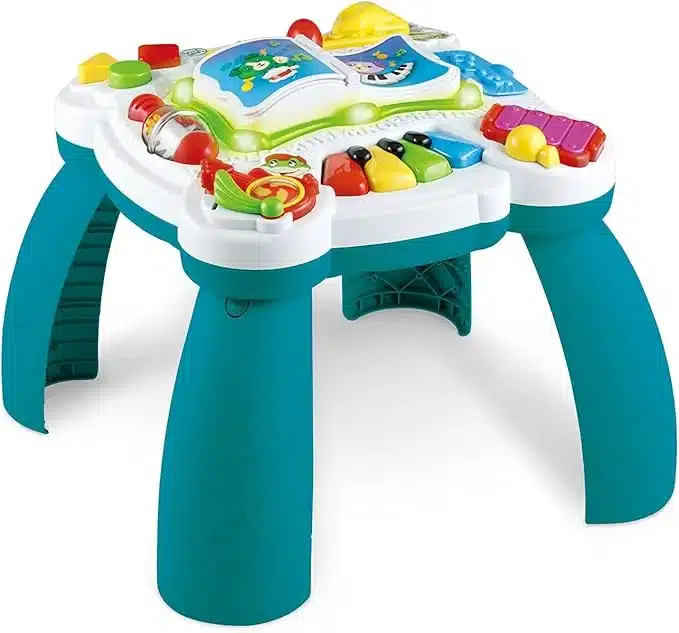 An activity table with blue-green legs for babies