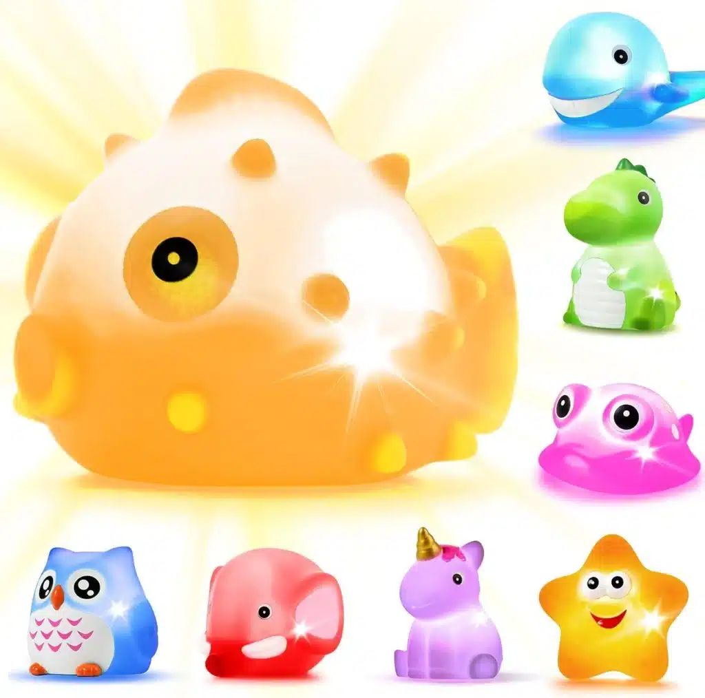 Eight Light-up toys used for bath to entertain toddlers