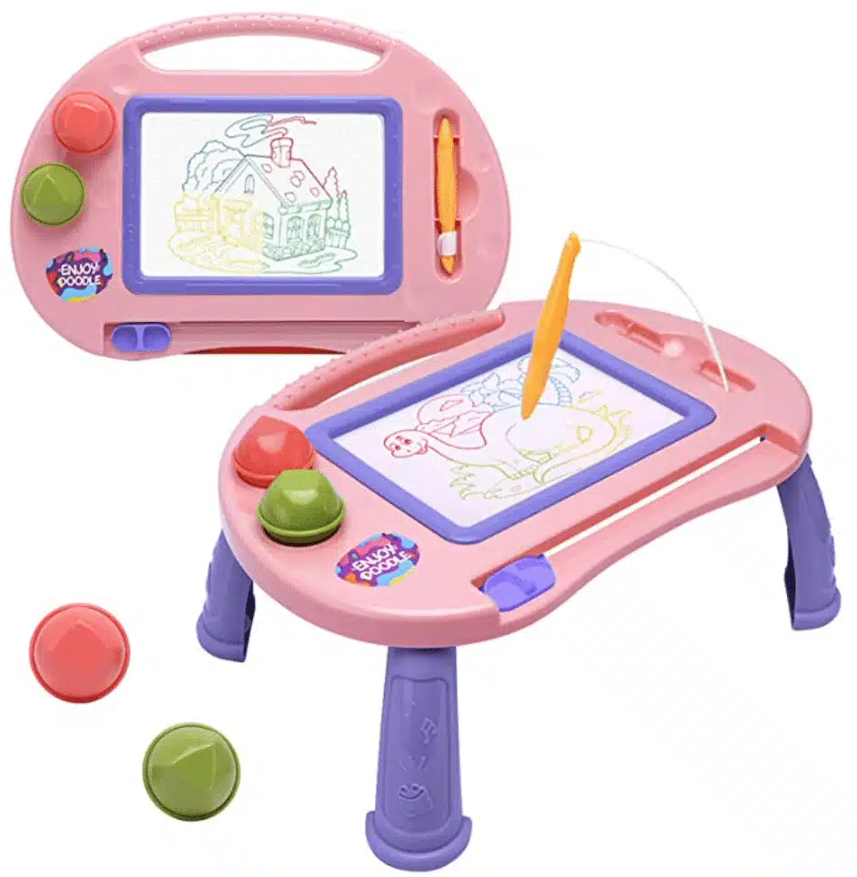 A pink maghetic doodle board with 2 erases and a yellow pen