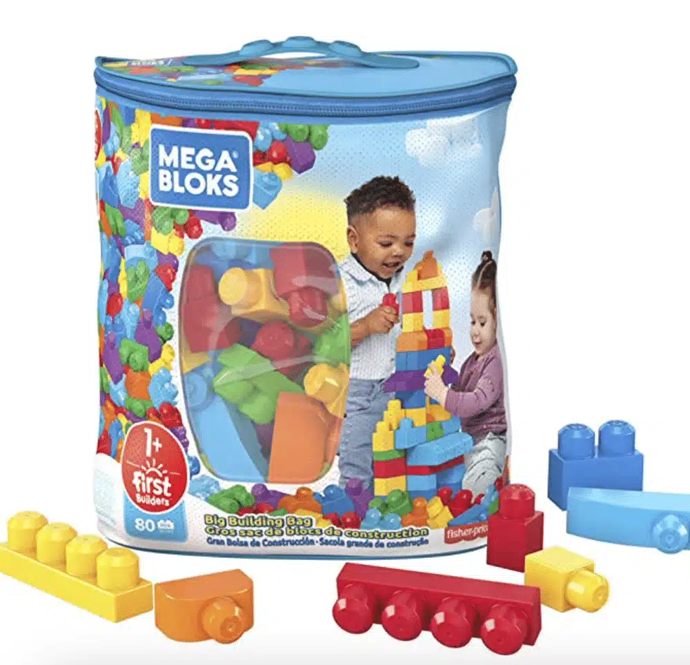 A set of Mega Bloks in yellow, orange, red, blue colors